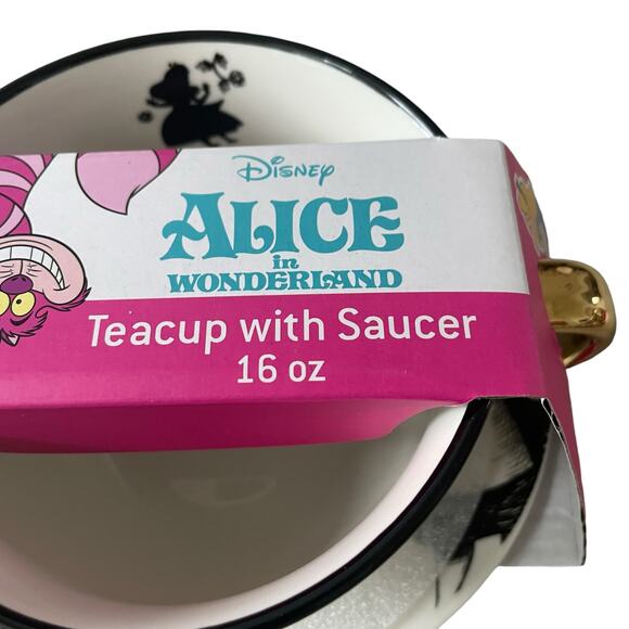 Disney ALICE IN WONDERLAND Teacup with Saucer 16oz Mug Black & Gold New - Picture 6 of 14